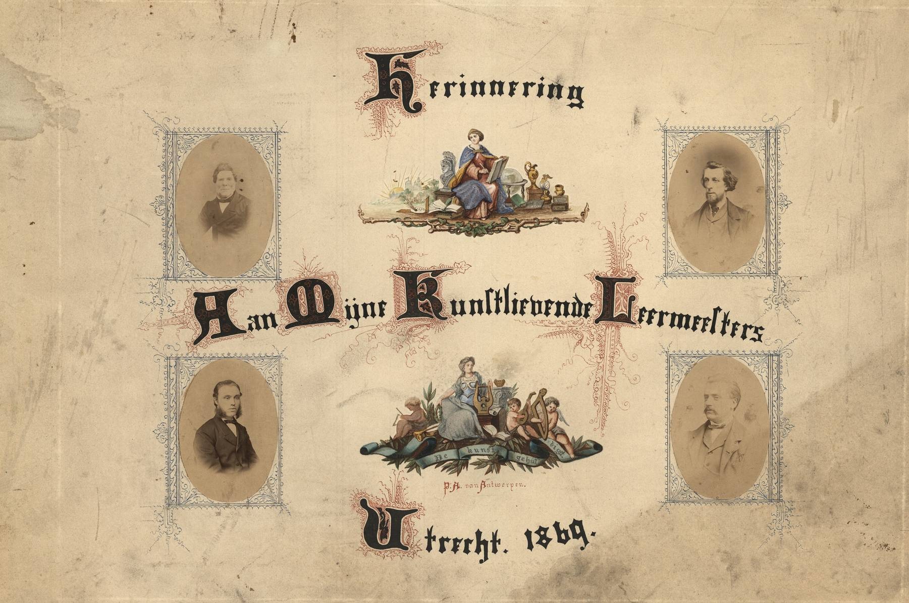 Ontwerp voor titelblad van Piet van Antwerpen 1869 ro portret van Richard Hol